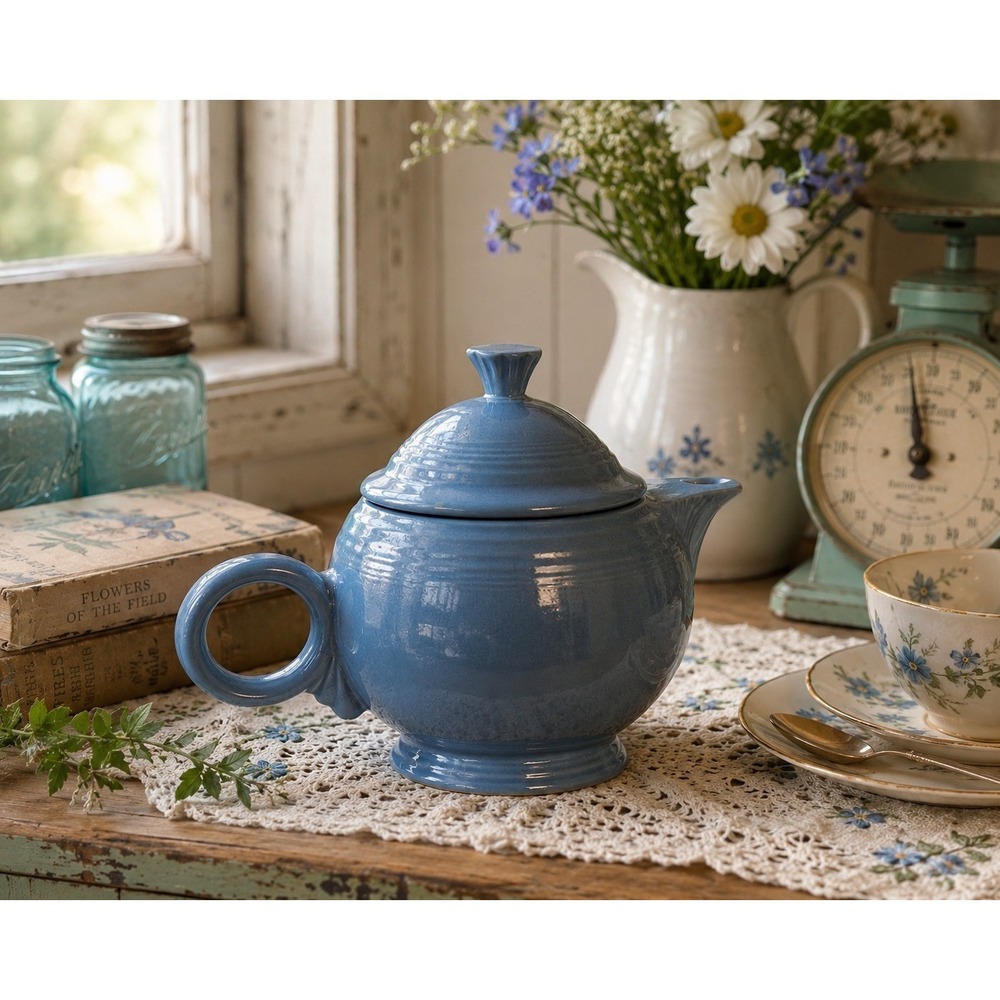 Vintage Fiesta Ware Periwinkle Blue Fiestaware Tea Pot w/Lid Retired Color‎